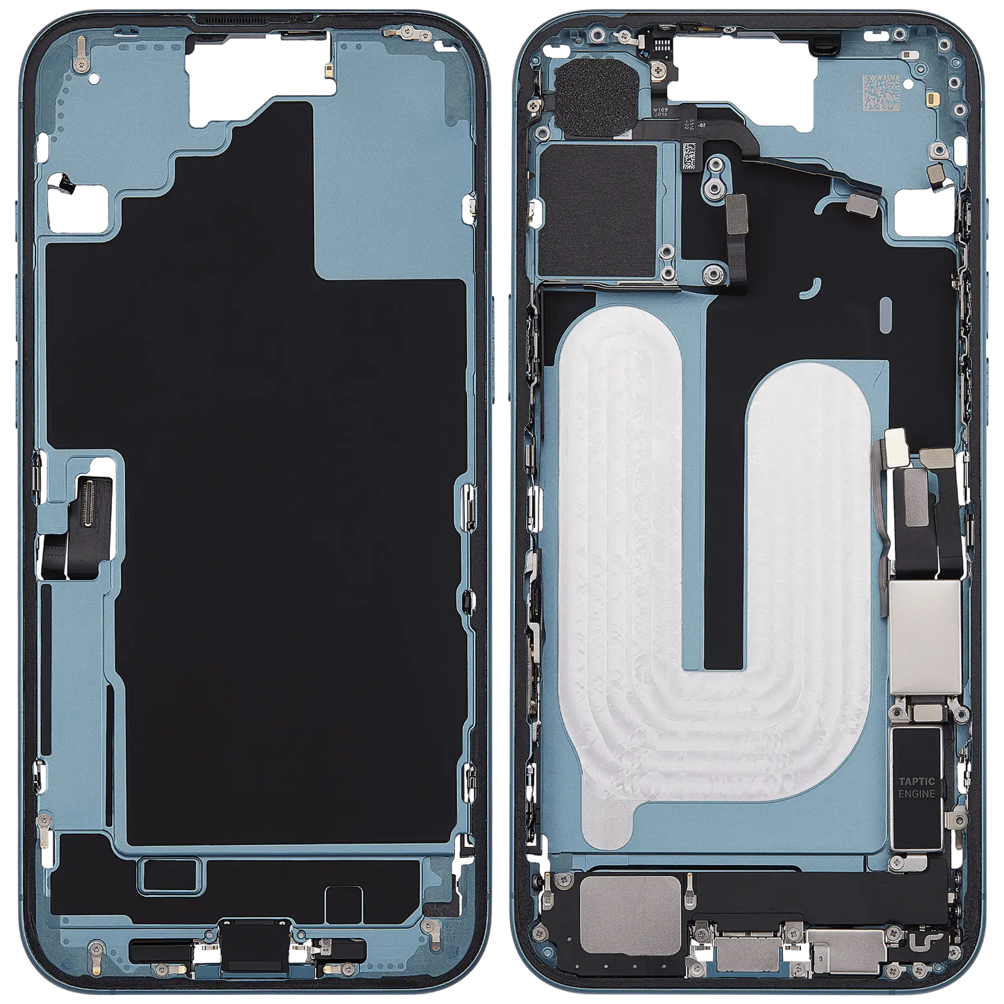 Mid-Frame Housing W/ Charging Port Flex & Small Parts For iPhone 16 Plus (US Version) (Used OEM Pull: Grade A) (Teal)