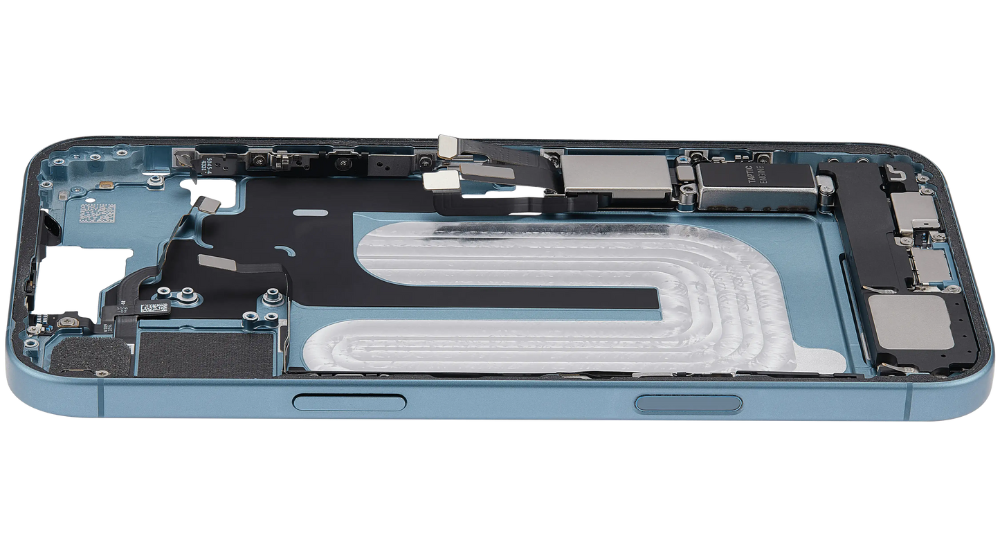 Mid-Frame Housing W/ Charging Port Flex & Small Parts For iPhone 16 Plus (US Version) (Used OEM Pull: Grade A) (Teal)