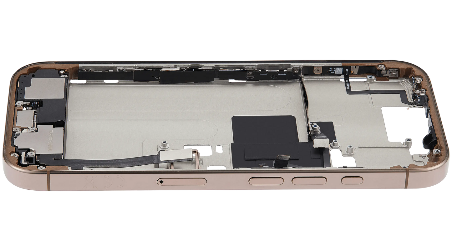 Mid-Frame Housing W/ Charging Port Flex & Small Parts For iPhone 16 Pro (EU / Global Version) (Used OEM Pull: Grade B) (Desert Titanium)