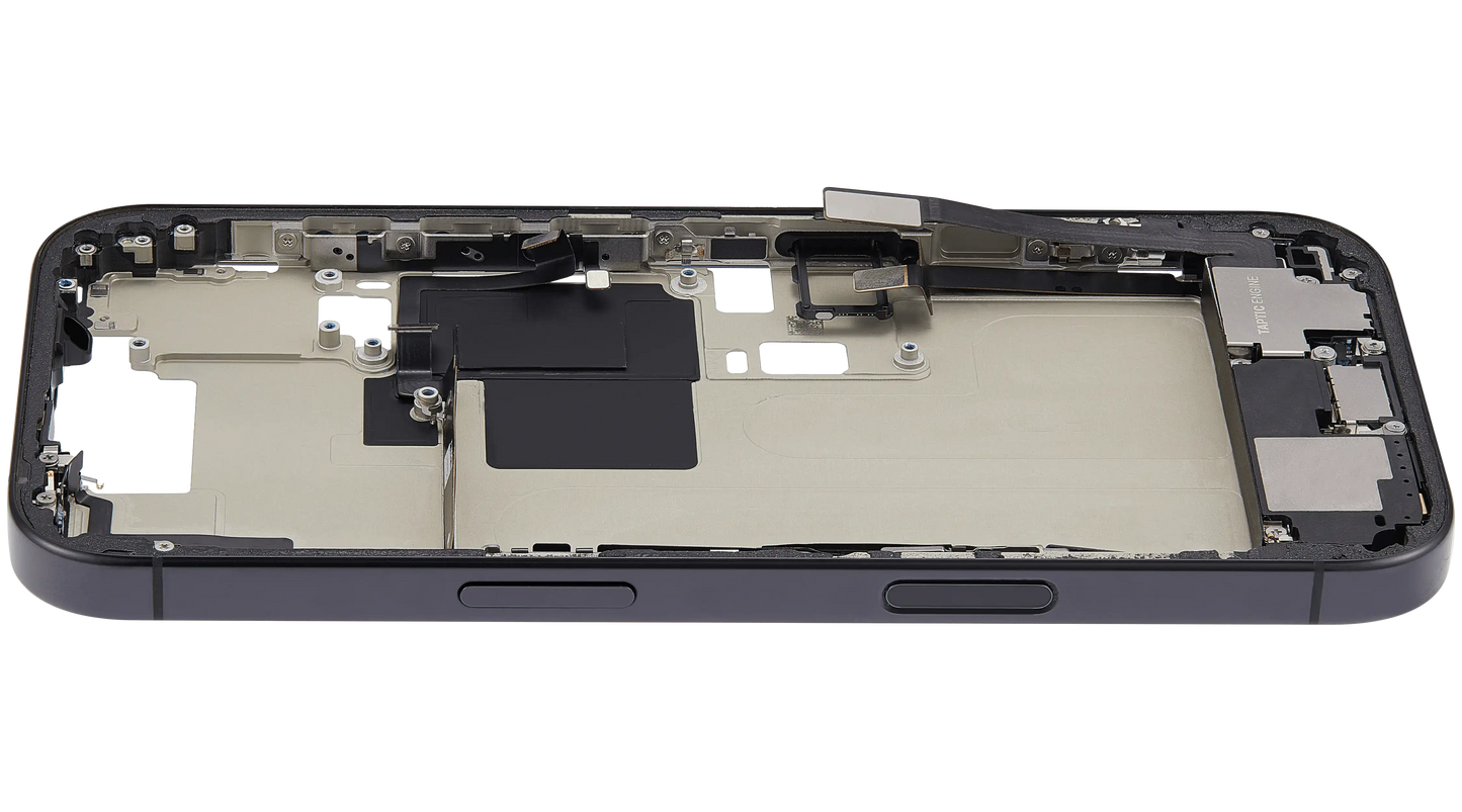 Mid-Frame Housing W/ Charging Port Flex & Small Parts For iPhone 16 Pro (EU / Global Version) (Used OEM Pull: Grade C) (Black Titanium)