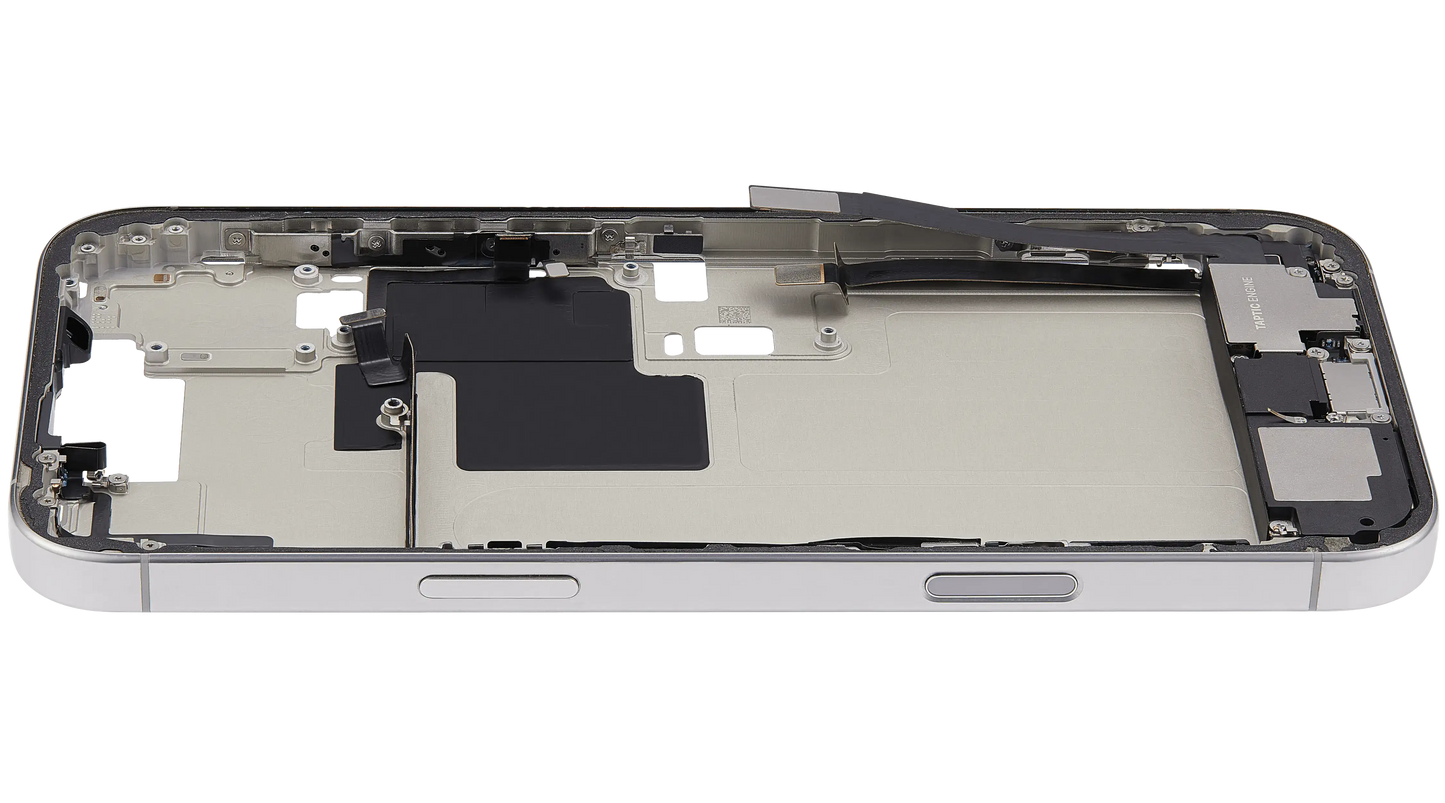 Mid-Frame Housing W/ Charging Port Flex & Small Parts For iPhone 16 Pro Max (US Version) (Used OEM Pull: Grade B) (White Titanium)