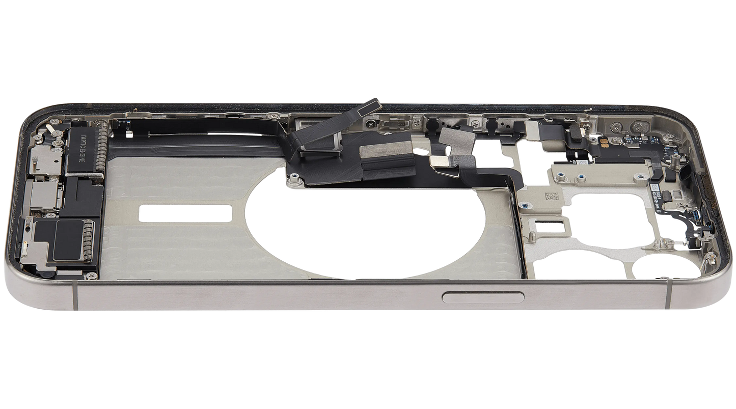 Mid-Frame Housing W/ Charging Port Flex & Small Parts For iPhone 15 Pro Max (EU / Global Version) (Used OEM Pull: Grade A) (Natural Titanium)