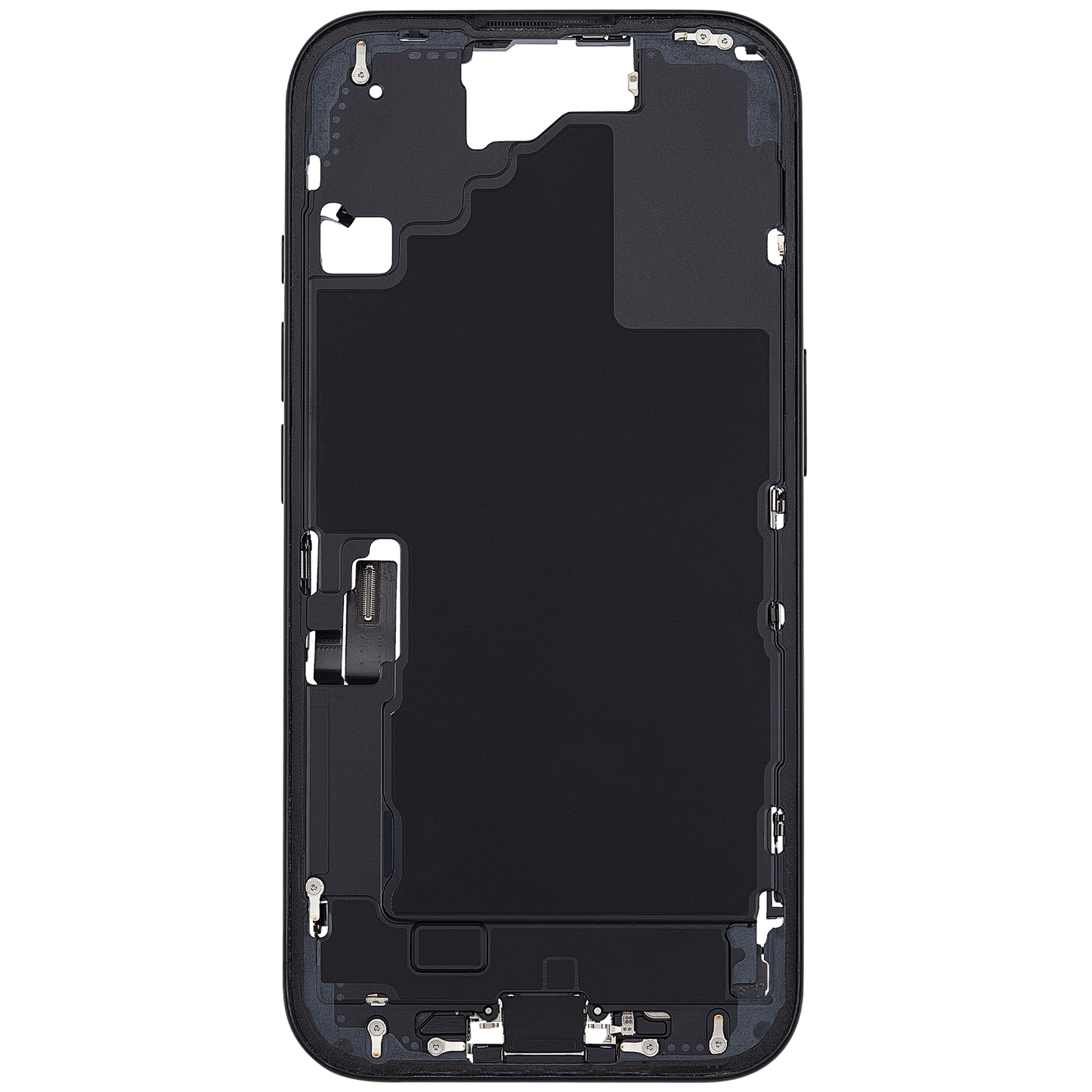 Mid-Frame Housing W/ Charging Port Flex & Small Parts For iPhone 16 (US Version) (Used OEM Pull: Grade B) (Black)