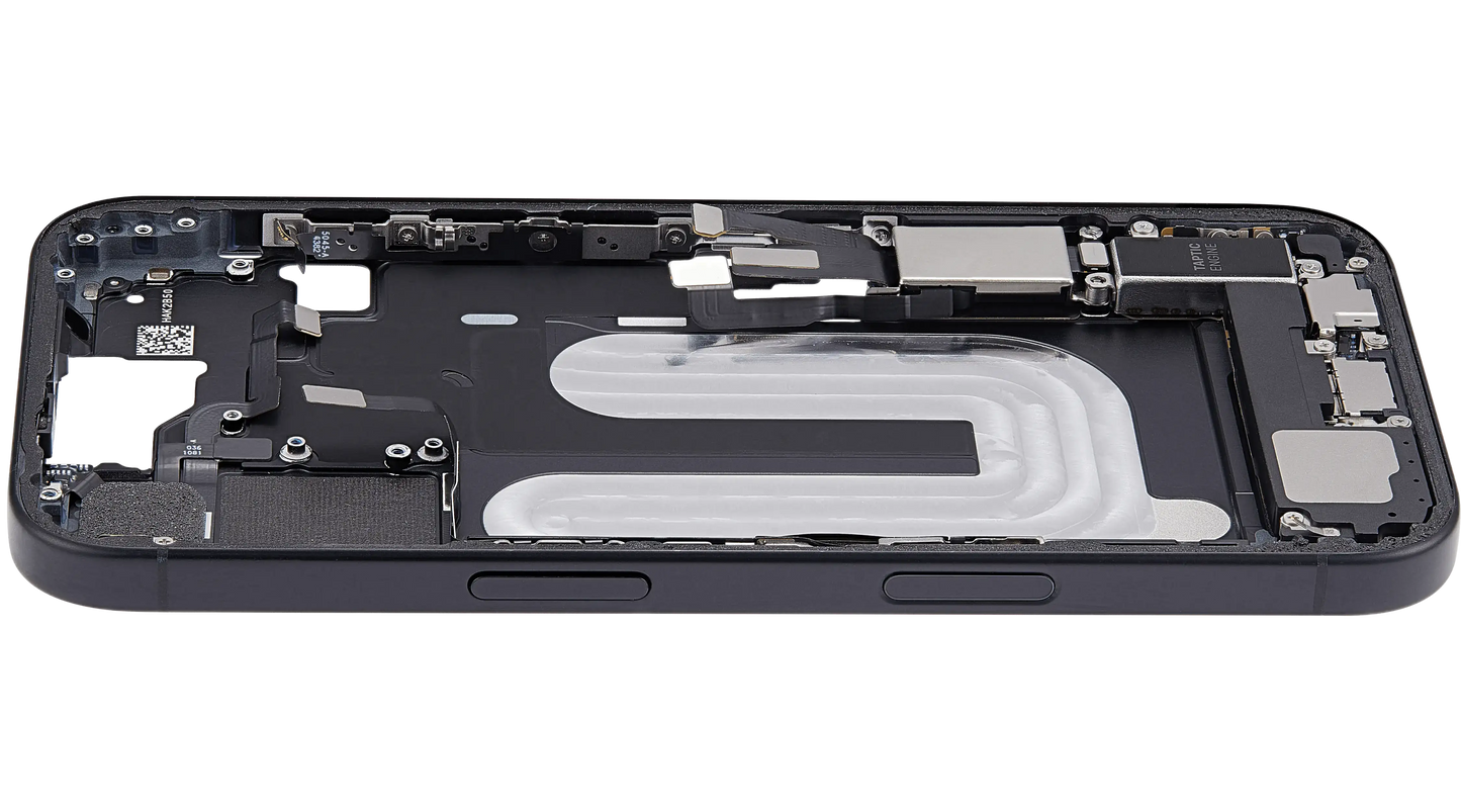 Mid-Frame Housing W/ Charging Port Flex & Small Parts For iPhone 16 (US Version) (Used OEM Pull: Grade B) (Black)