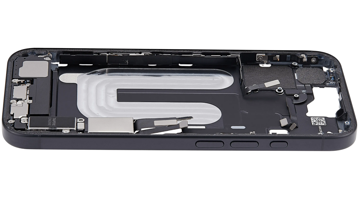 Mid-Frame Housing W/ Charging Port Flex & Small Parts For iPhone 16 (US Version) (Used OEM Pull: Grade B) (Black)