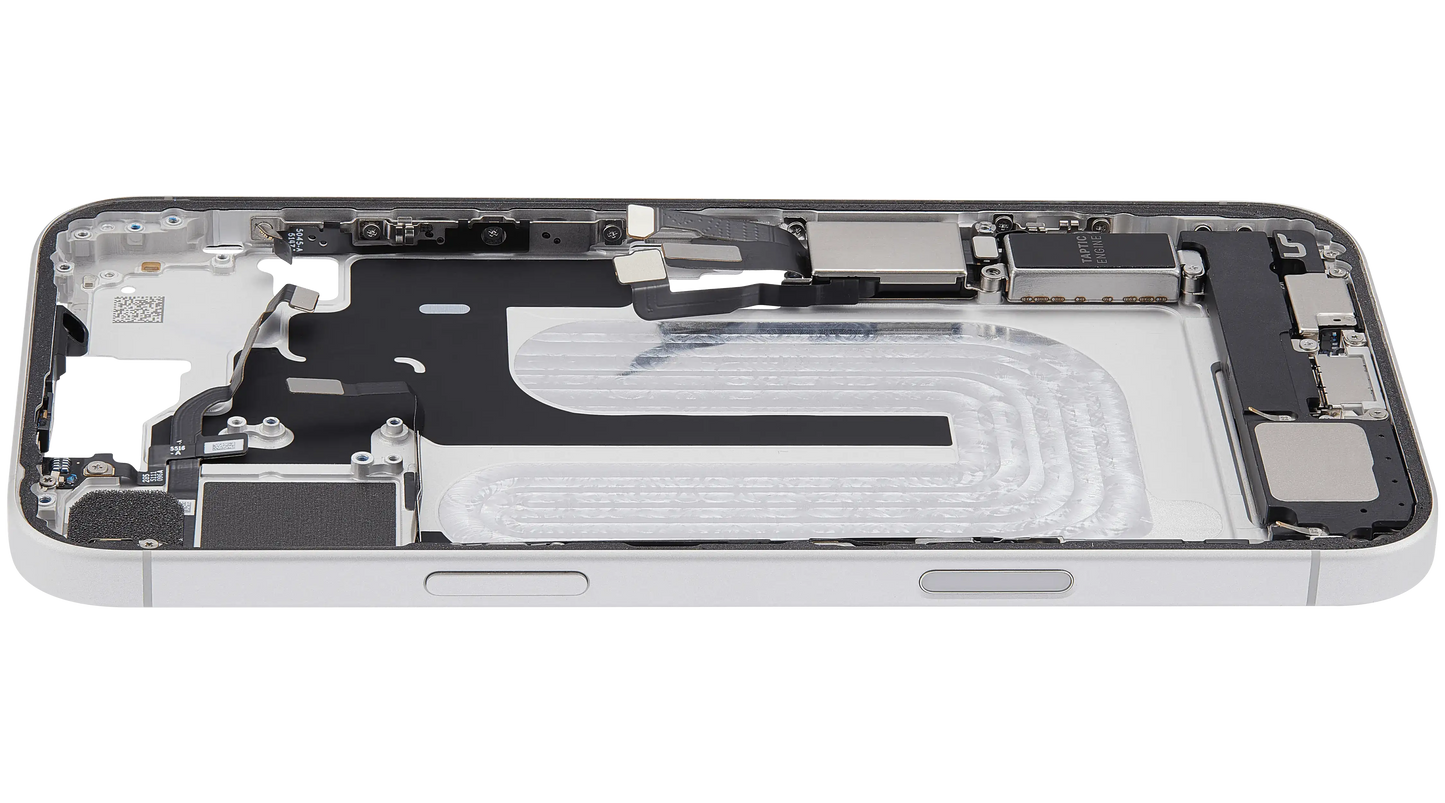 Mid-Frame Housing W/ Charging Port Flex & Small Parts For iPhone 16 Plus (US Version) (Used OEM Pull: Grade A) (White)