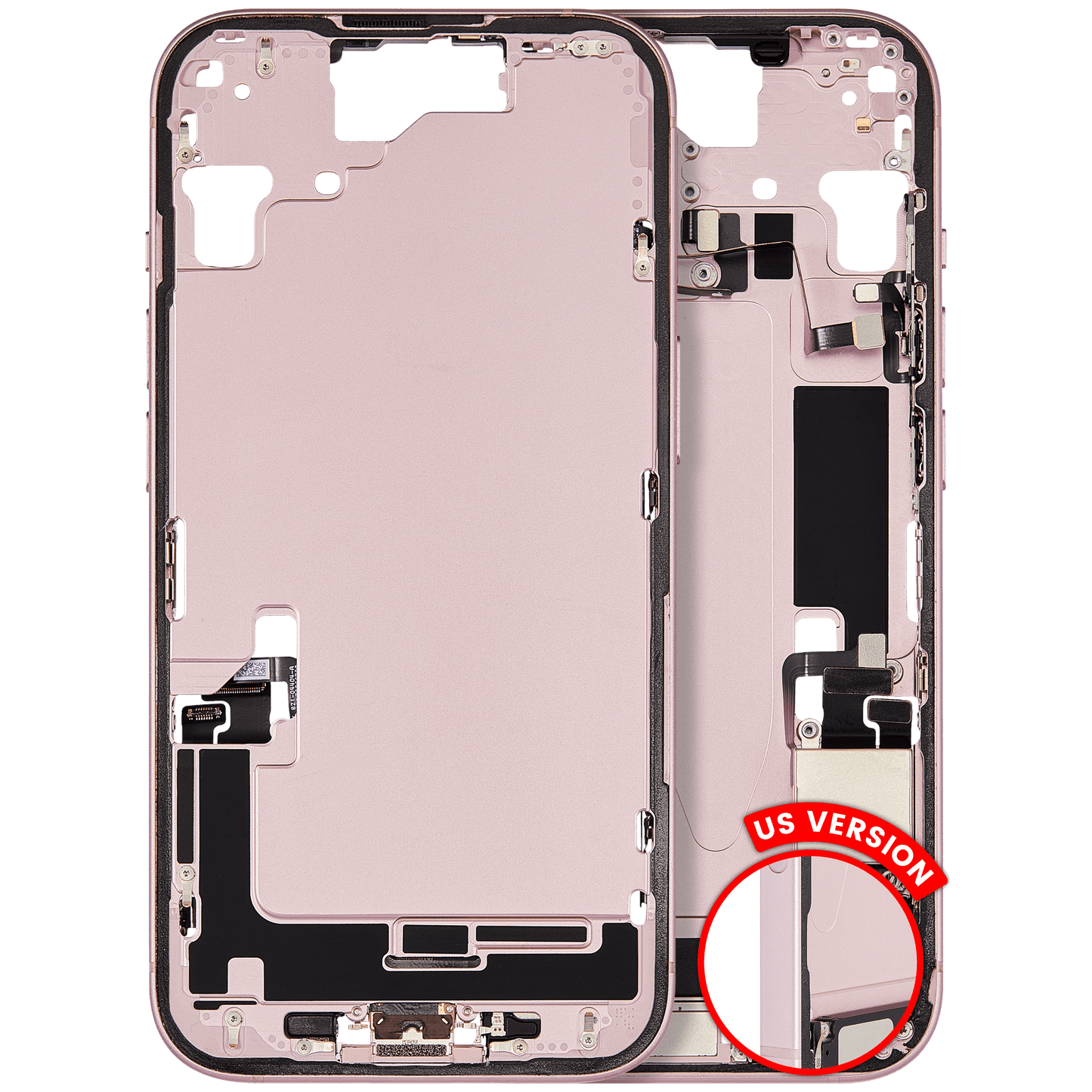 Mid-Frame Housing W/ Charging Port Flex & Small Parts For iPhone 15 (US Version) (Used OEM Pull: Grade A) (Pink)