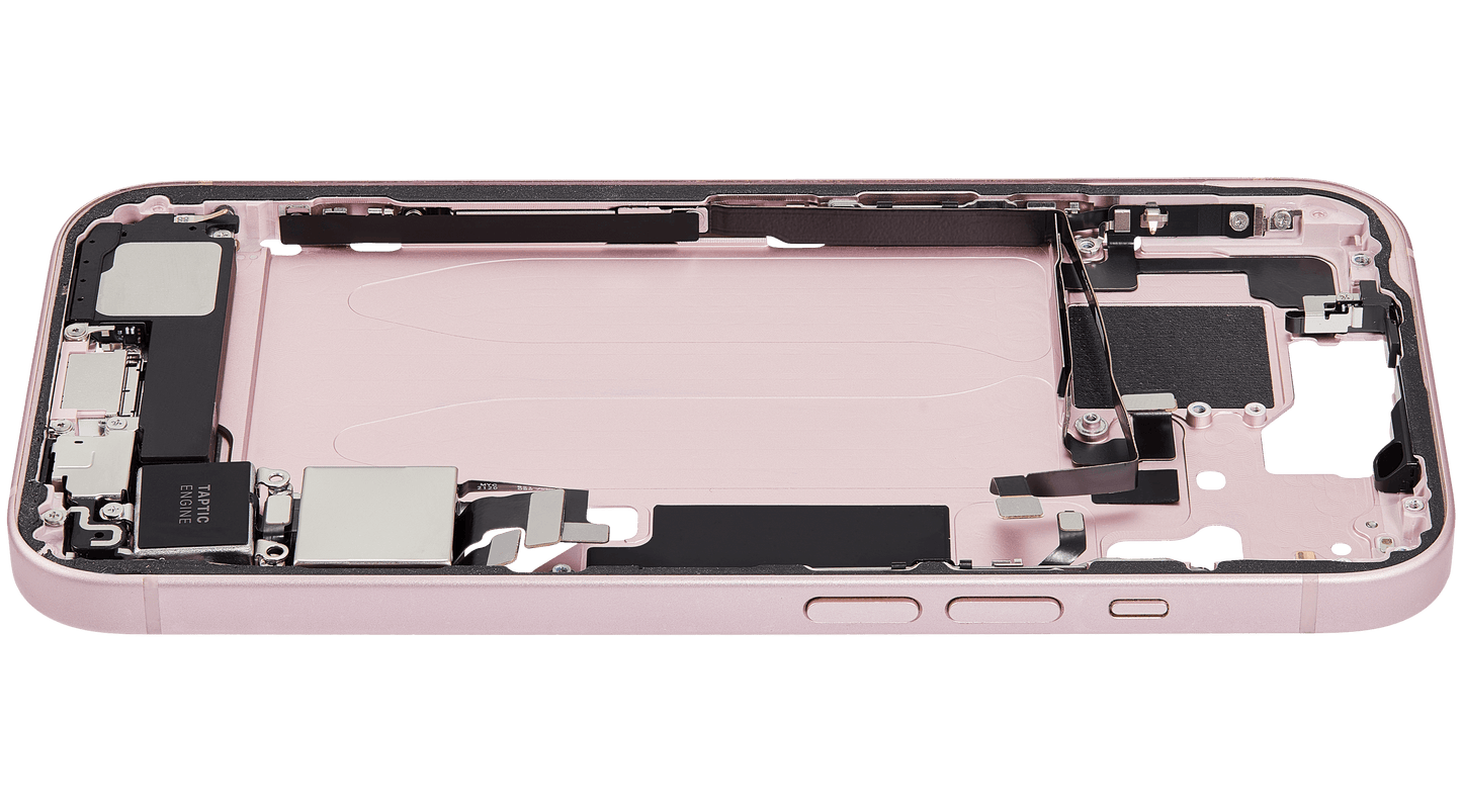 Mid-Frame Housing W/ Charging Port Flex & Small Parts For iPhone 15 (US Version) (Used OEM Pull: Grade A) (Pink)