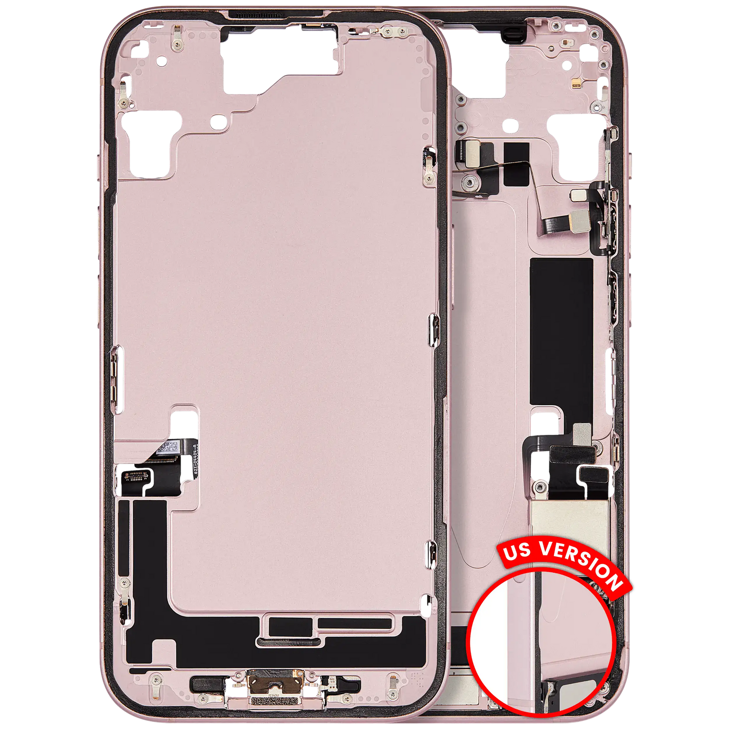 Mid-Frame Housing W/ Charging Port Flex & Small Parts For iPhone 15 (US Version) (Used OEM Pull: Grade B) (Pink)