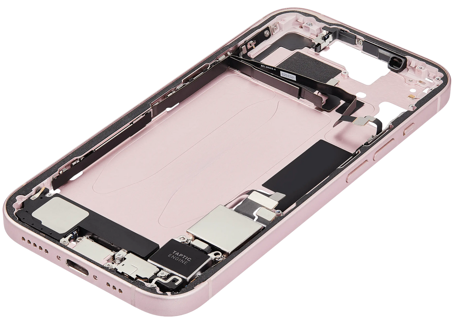 Mid-Frame Housing W/ Charging Port Flex & Small Parts For iPhone 15 (US Version) (Used OEM Pull: Grade B) (Pink)