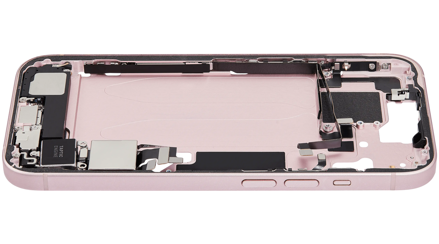 Mid-Frame Housing W/ Charging Port Flex & Small Parts For iPhone 15 (US Version) (Used OEM Pull: Grade B) (Pink)