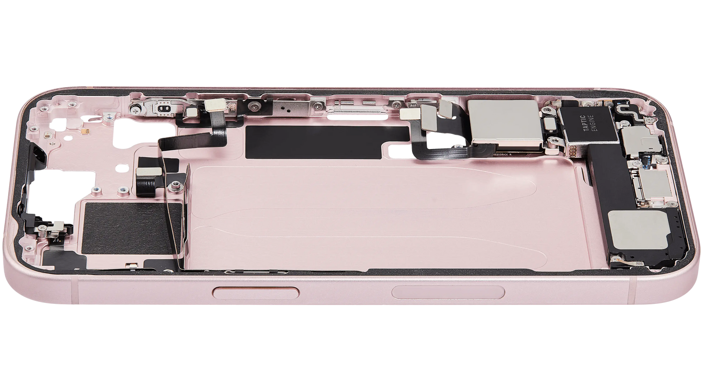 Mid-Frame Housing W/ Charging Port Flex & Small Parts For iPhone 15 (US Version) (Used OEM Pull: Grade B) (Pink)