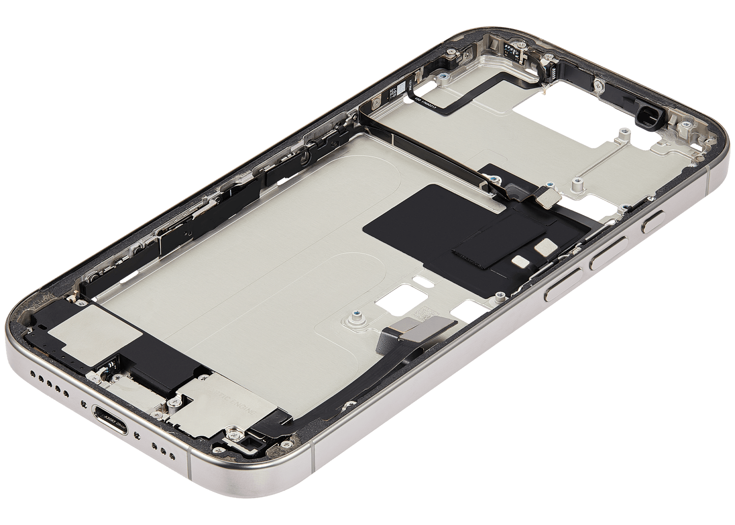 Mid-Frame Housing W/ Charging Port Flex & Small Parts For iPhone 16 Pro (US Version) (Used OEM Pull: Grade A) (Natural Titanium)