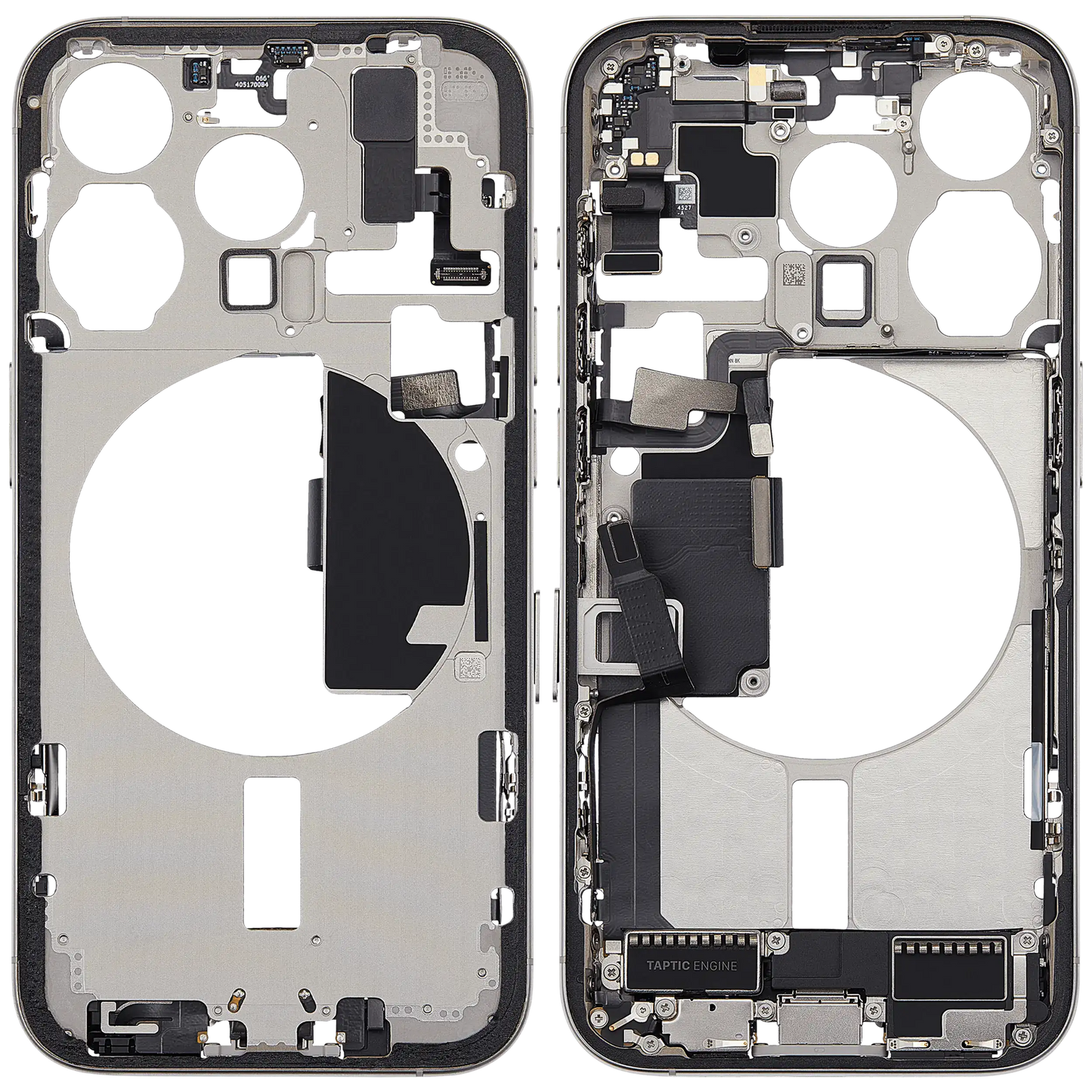 Mid-Frame Housing W/ Charging Port Flex & Small Parts For iPhone 15 Pro (EU / Global Version) (Used OEM Pull: Grade C) (White Titanium)