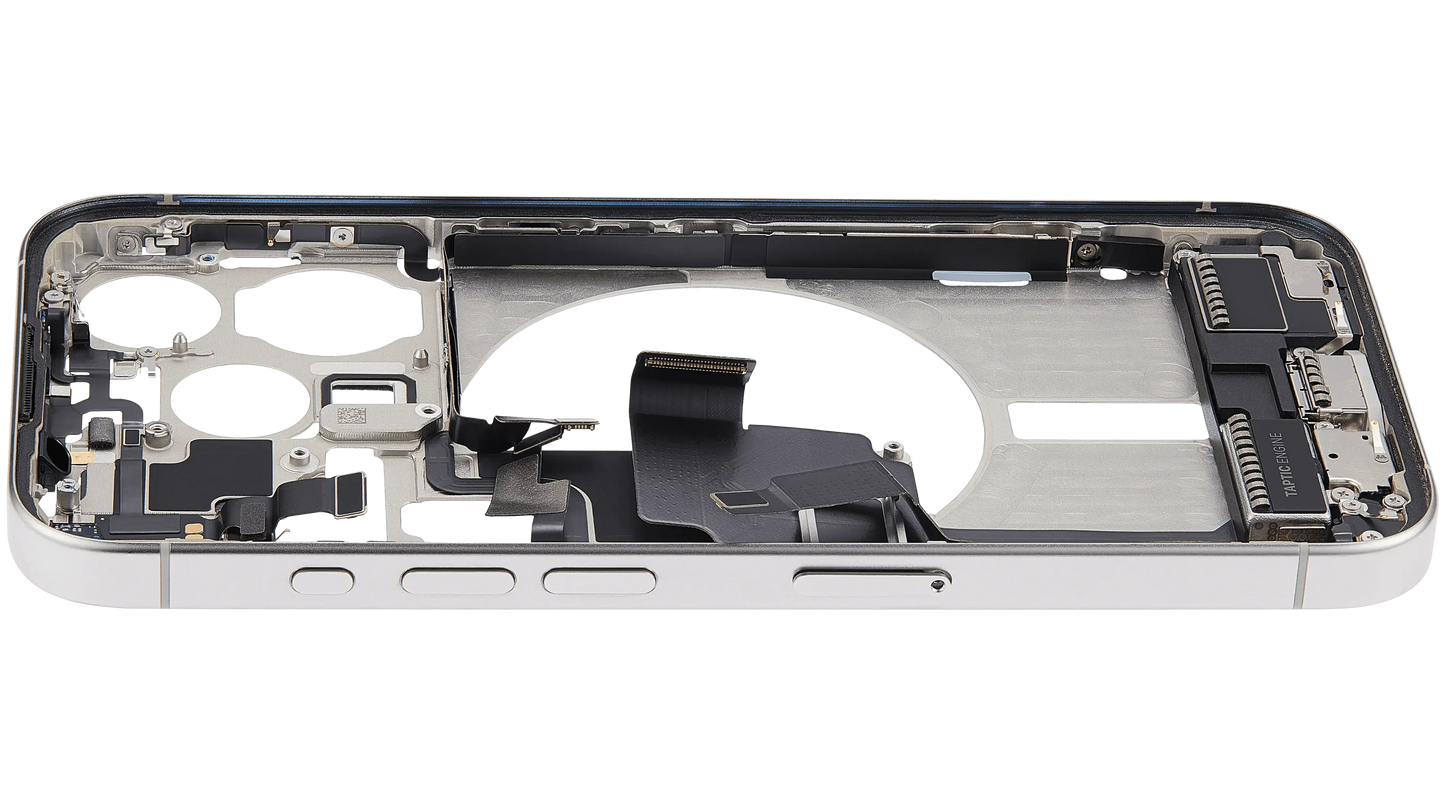 Mid-Frame Housing W/ Charging Port Flex & Small Parts For iPhone 15 Pro (EU / Global Version) (Used OEM Pull: Grade C) (White Titanium)