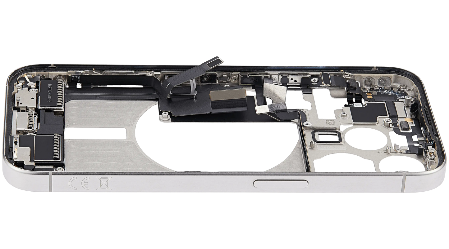 Mid-Frame Housing W/ Charging Port Flex & Small Parts For iPhone 15 Pro (EU / Global Version) (Used OEM Pull: Grade C) (White Titanium)