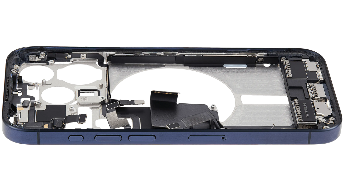 Mid-Frame Housing W/ Charging Port Flex & Small Parts For iPhone 15 Pro (EU / Global Version) (Used OEM Pull: Grade C) (Blue Titanium)
