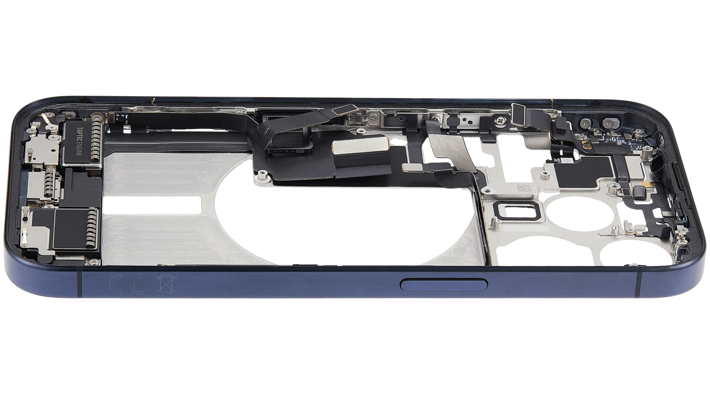 Mid-Frame Housing W/ Charging Port Flex & Small Parts For iPhone 15 Pro (EU / Global Version) (Used OEM Pull: Grade C) (Blue Titanium)
