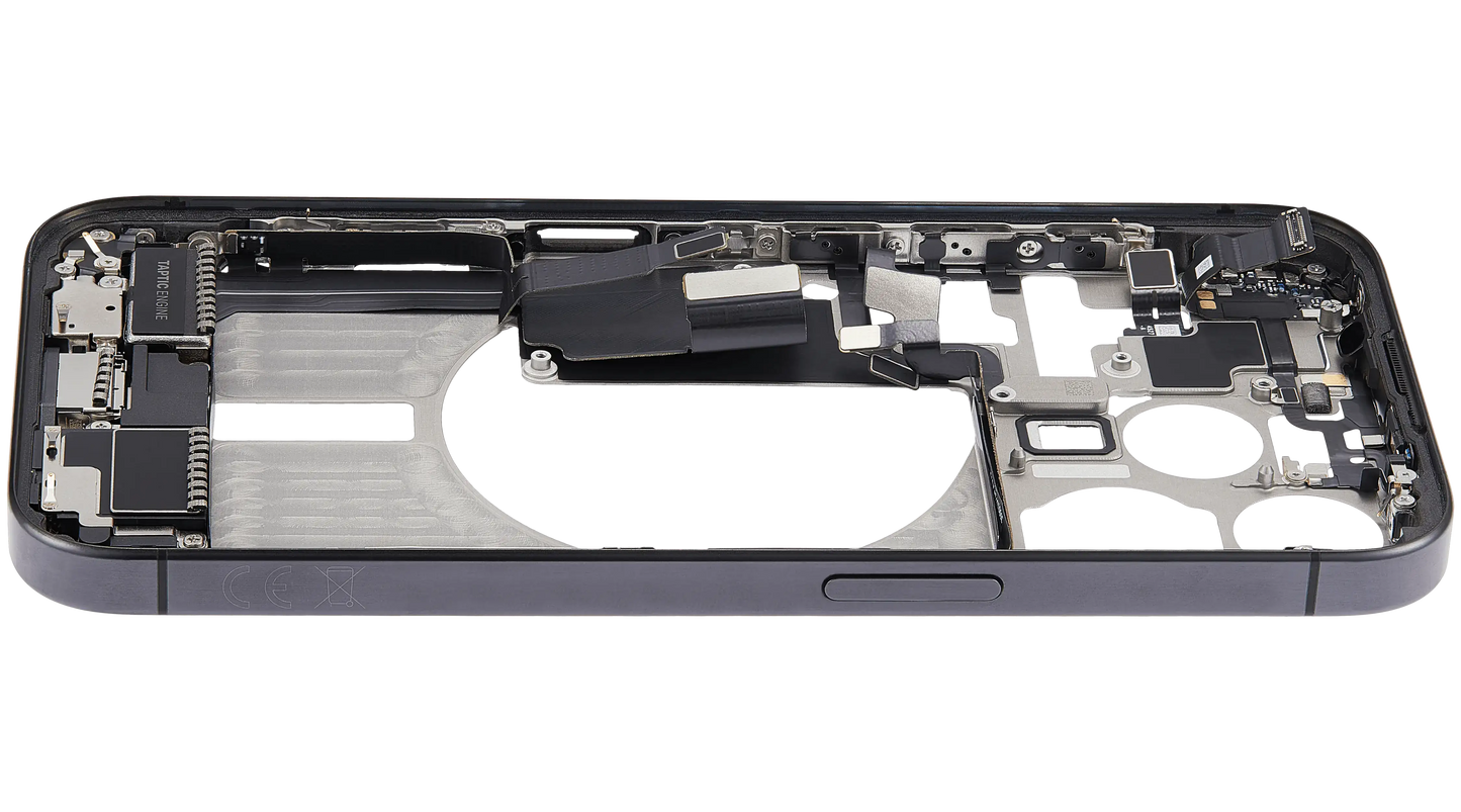 Mid-Frame Housing W/ Charging Port Flex & Small Parts For iPhone 15 Pro (EU / Global Version) (Used OEM Pull: Grade C) (Black Titanium)