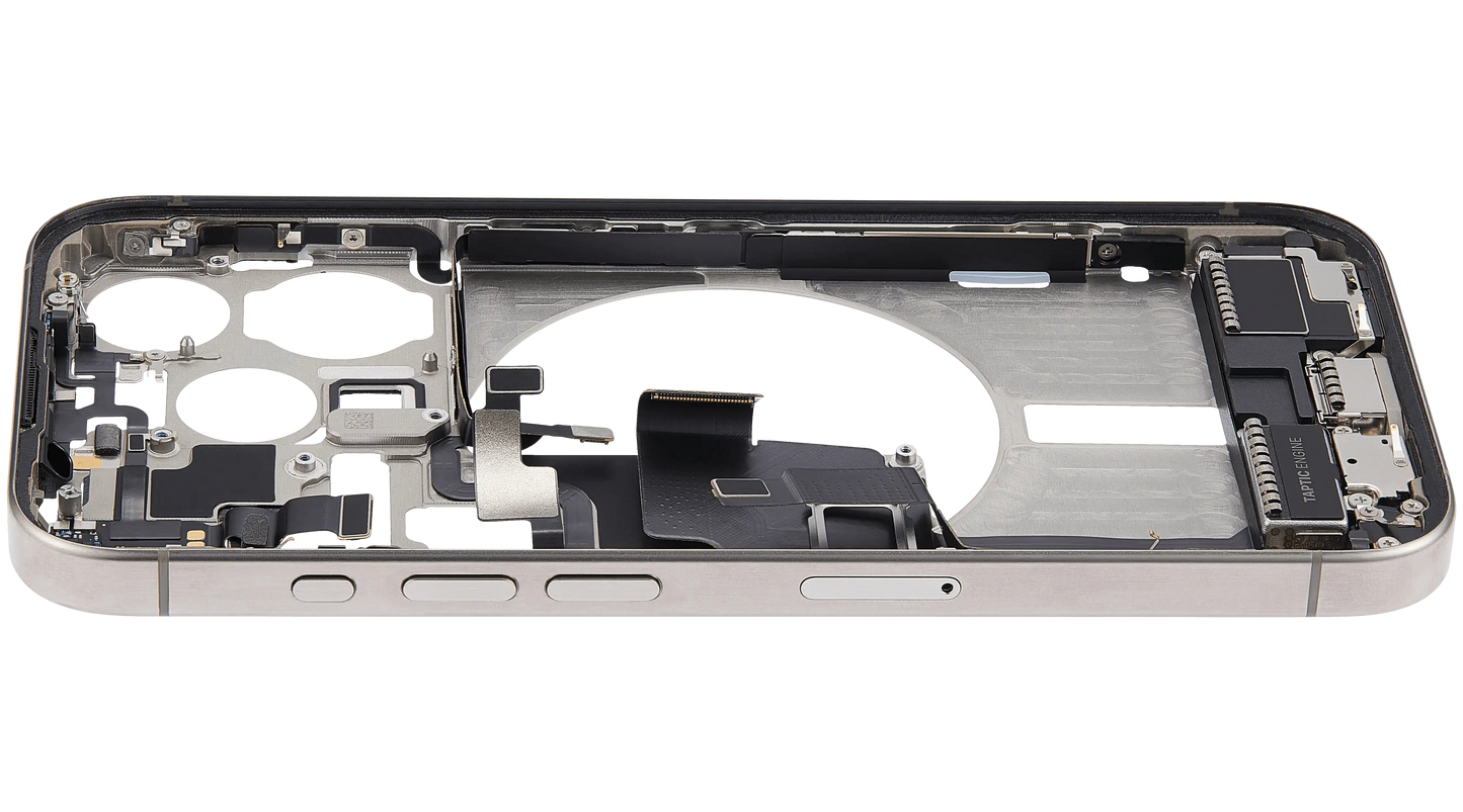 Mid-Frame Housing W/ Charging Port Flex & Small Parts For iPhone 15 Pro (EU / Global Version) (Used OEM Pull: Grade B) (Natural Titanium)