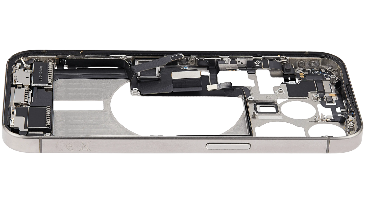 Mid-Frame Housing W/ Charging Port Flex & Small Parts For iPhone 15 Pro (EU / Global Version) (Used OEM Pull: Grade B) (Natural Titanium)