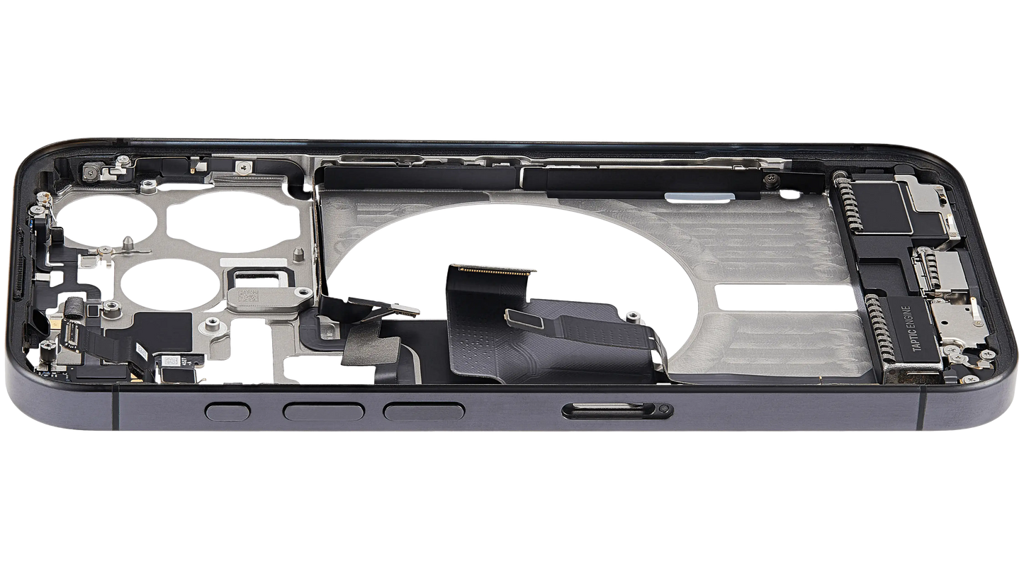 Mid-Frame Housing W/ Charging Port Flex & Small Parts For iPhone 15 Pro (EU / Global Version) (Used OEM Pull: Grade B) (Black Titanium)