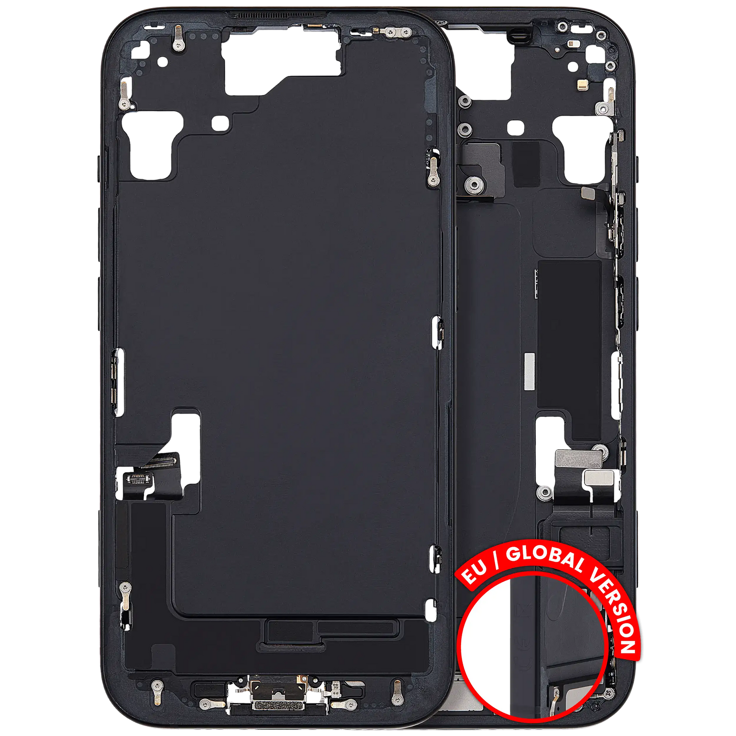 Mid-Frame Housing W/ Charging Port Flex & Small Parts For iPhone 15 (EU / Global Version) (Used OEM Pull: Grade A) (Black)