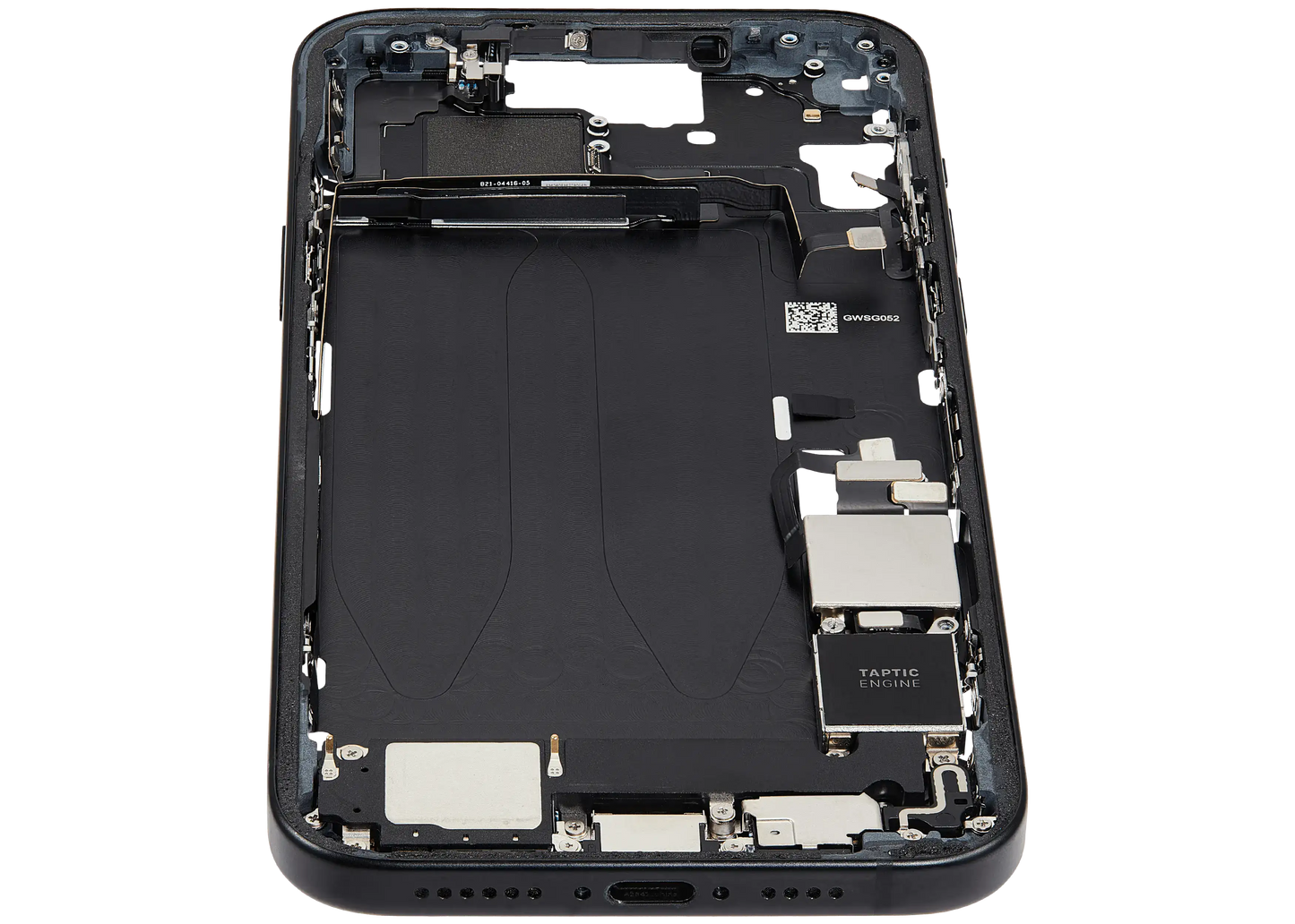 Mid-Frame Housing W/ Charging Port Flex & Small Parts For iPhone 15 Plus (US Version) (Used OEM Pull: Grade C) (Black)