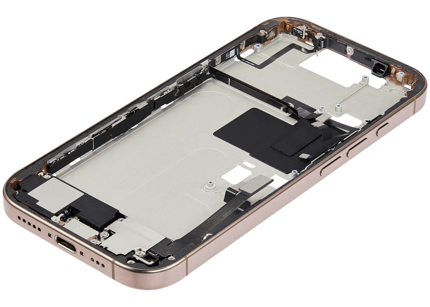 Mid-Frame Housing W/ Charging Port Flex & Small Parts For iPhone 16 Pro (US Version) (Used OEM Pull: Grade A) (Desert Titanium)