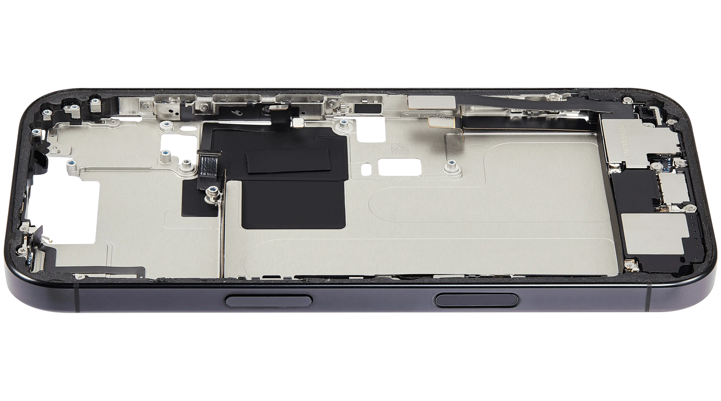 Mid-Frame Housing W/ Charging Port Flex & Small Parts For iPhone 16 Pro (US Version) (Used OEM Pull: Grade B) (Black Titanium)