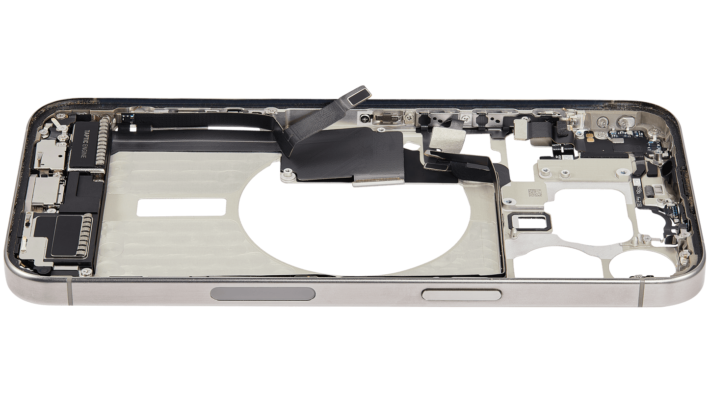 Mid-Frame Housing W/ Charging Port Flex & Small Parts For iPhone 15 Pro Max (US Version) (Used OEM Pull: Grade C) (Natural Titanium)
