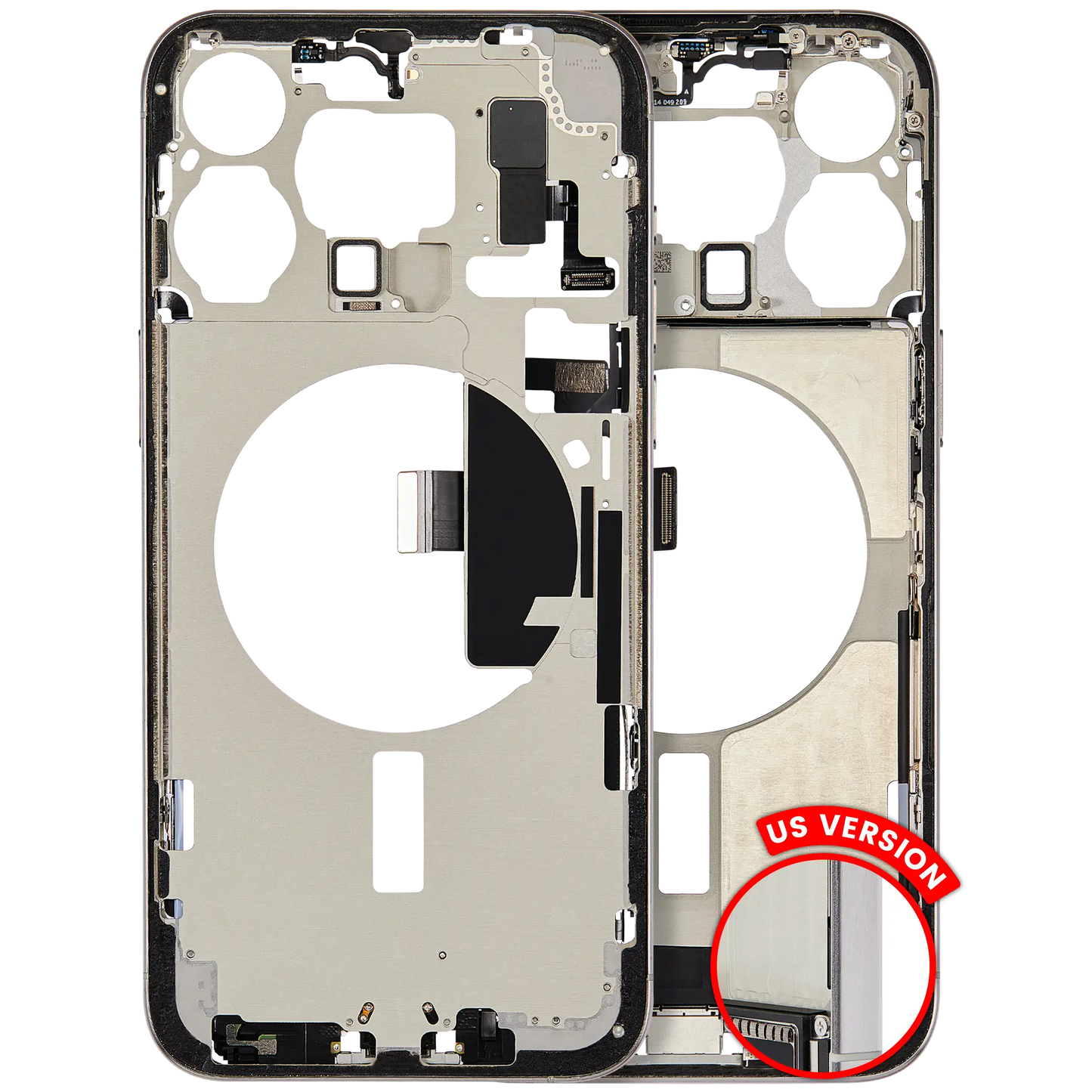 Mid-Frame Housing W/ Charging Port Flex & Small Parts For iPhone 15 Pro Max (US Version) (Used OEM Pull: Grade B) (White Titanium)