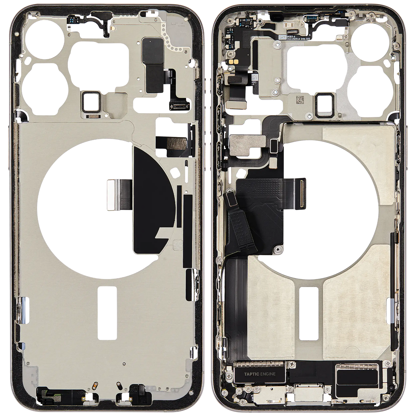 Mid-Frame Housing W/ Charging Port Flex & Small Parts For iPhone 15 Pro Max (US Version) (Used OEM Pull: Grade B) (White Titanium)