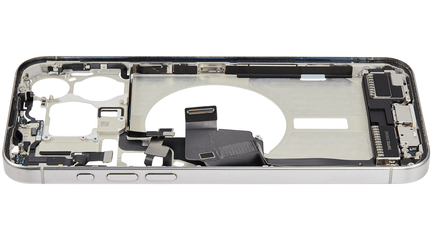 Mid-Frame Housing W/ Charging Port Flex & Small Parts For iPhone 15 Pro Max (US Version) (Used OEM Pull: Grade B) (White Titanium)