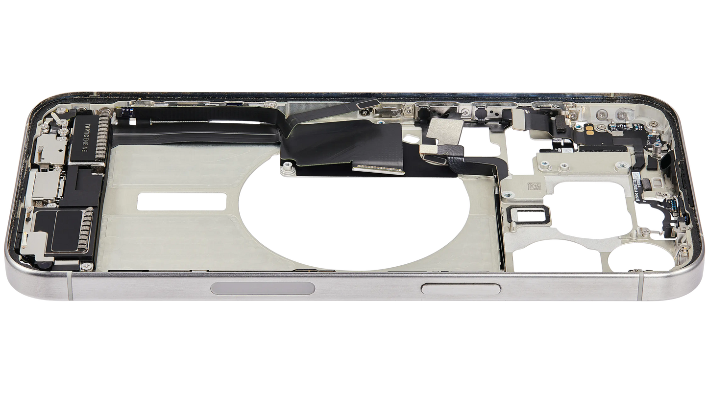 Mid-Frame Housing W/ Charging Port Flex & Small Parts For iPhone 15 Pro Max (US Version) (Used OEM Pull: Grade B) (White Titanium)