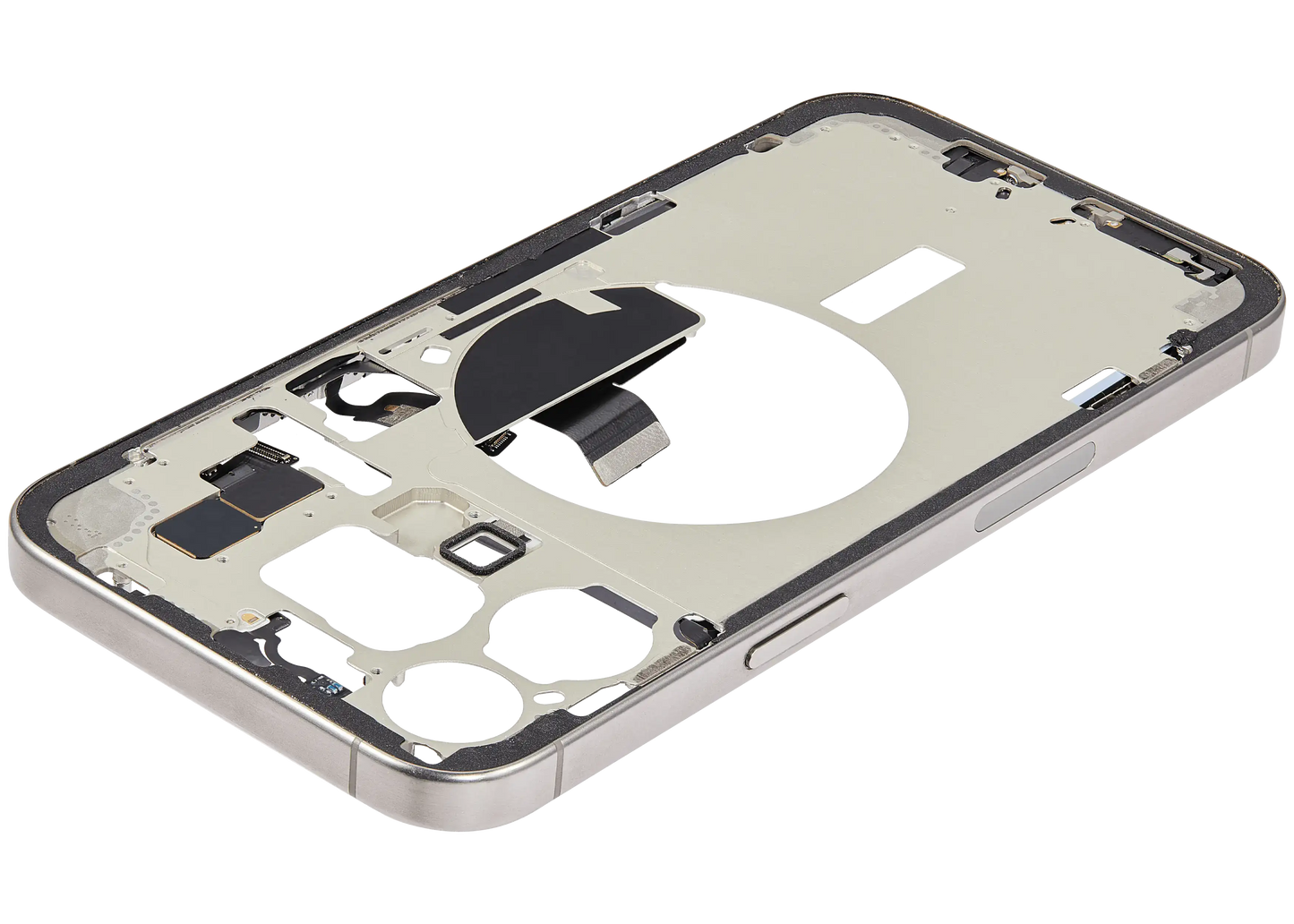 Mid-Frame Housing W/ Charging Port Flex & Small Parts For iPhone 15 Pro Max (US Version) (Used OEM Pull: Grade B) (Natural Titanium)