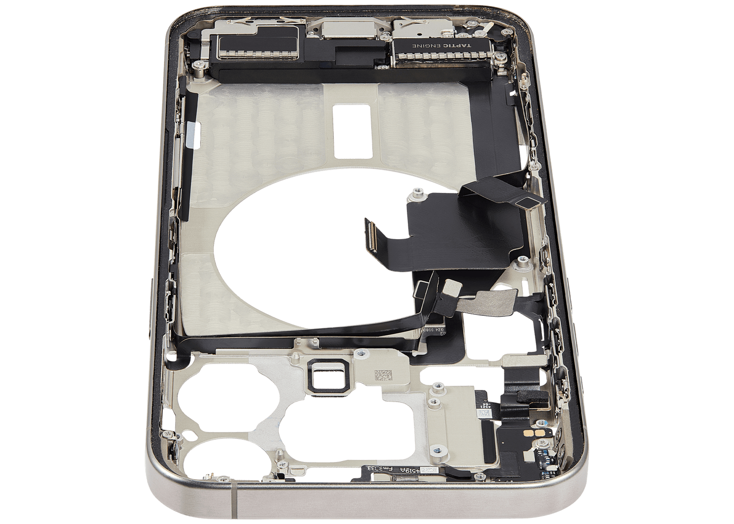 Mid-Frame Housing W/ Charging Port Flex & Small Parts For iPhone 15 Pro Max (US Version) (Used OEM Pull: Grade B) (Natural Titanium)