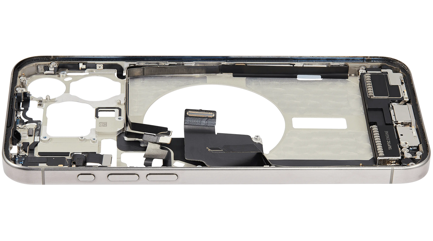 Mid-Frame Housing W/ Charging Port Flex & Small Parts For iPhone 15 Pro Max (US Version) (Used OEM Pull: Grade B) (Natural Titanium)