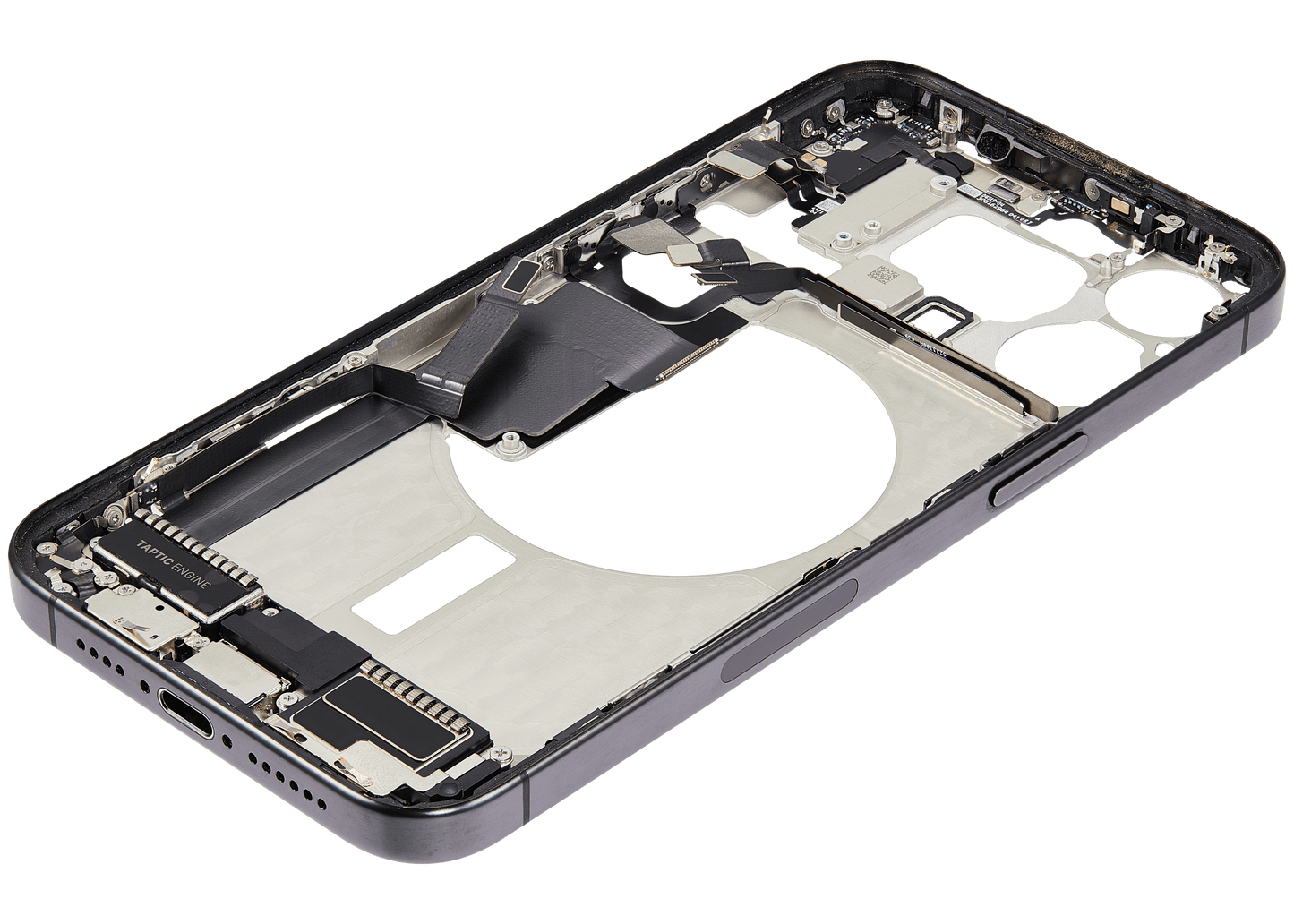 Mid-Frame Housing W/ Charging Port Flex & Small Parts For iPhone 15 Pro Max (US Version) (Used OEM Pull: Grade B) (Black Titanium)