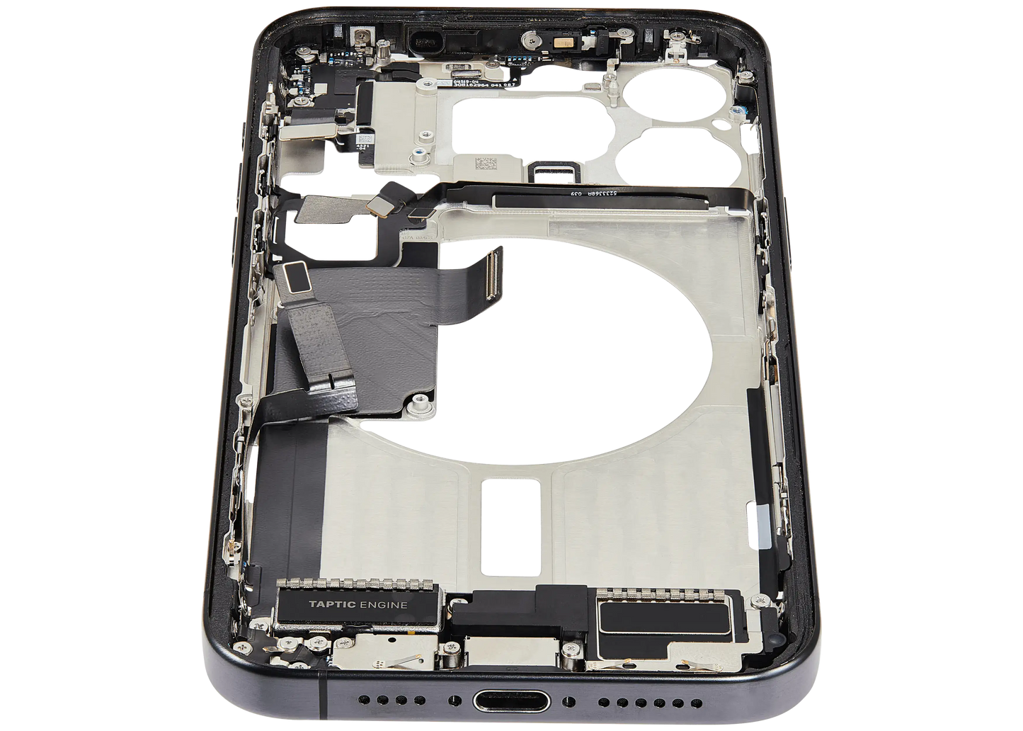 Mid-Frame Housing W/ Charging Port Flex & Small Parts For iPhone 15 Pro Max (US Version) (Used OEM Pull: Grade B) (Black Titanium)