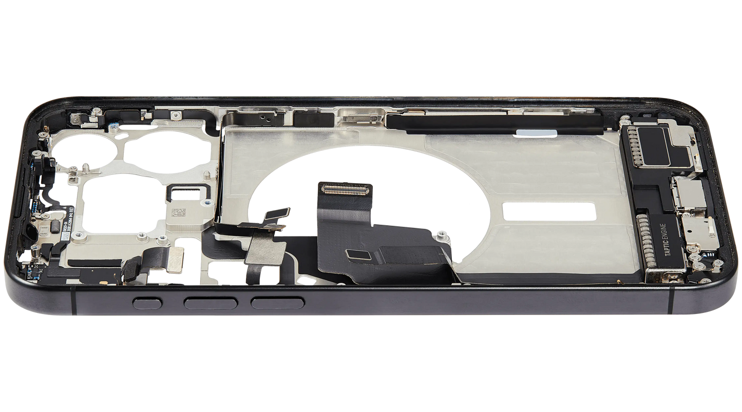 Mid-Frame Housing W/ Charging Port Flex & Small Parts For iPhone 15 Pro Max (US Version) (Used OEM Pull: Grade B) (Black Titanium)