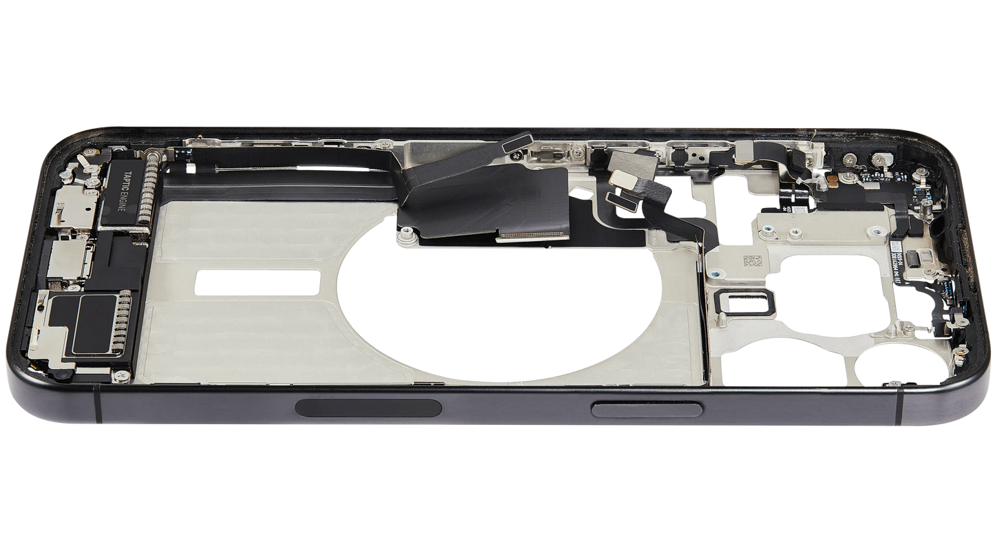 Mid-Frame Housing W/ Charging Port Flex & Small Parts For iPhone 15 Pro Max (US Version) (Used OEM Pull: Grade B) (Black Titanium)
