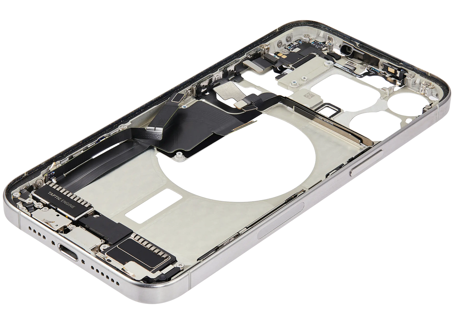 Mid-Frame Housing W/ Charging Port Flex & Small Parts For iPhone 15 Pro Max (US Version) (Used OEM Pull: Grade A) (White Titanium)