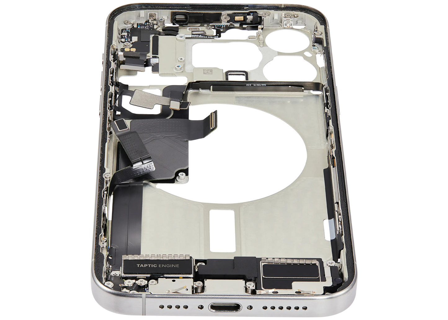 Mid-Frame Housing W/ Charging Port Flex & Small Parts For iPhone 15 Pro Max (US Version) (Used OEM Pull: Grade A) (White Titanium)