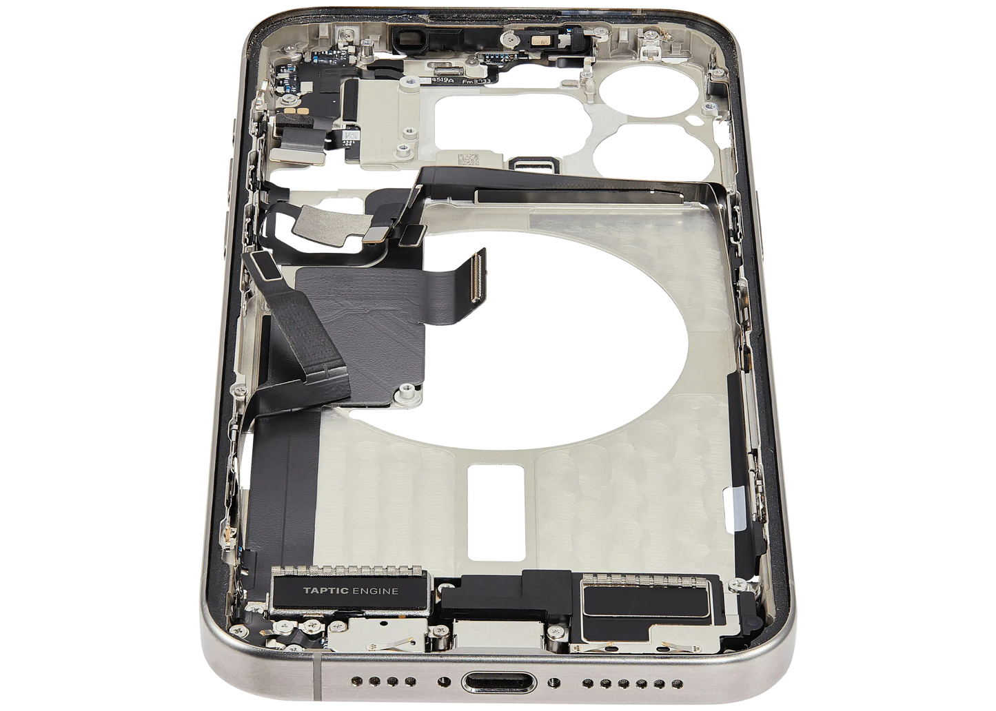 Mid-Frame Housing W/ Charging Port Flex & Small Parts For iPhone 15 Pro Max (US Version) (Used OEM Pull: Grade A) (Natural Titanium)