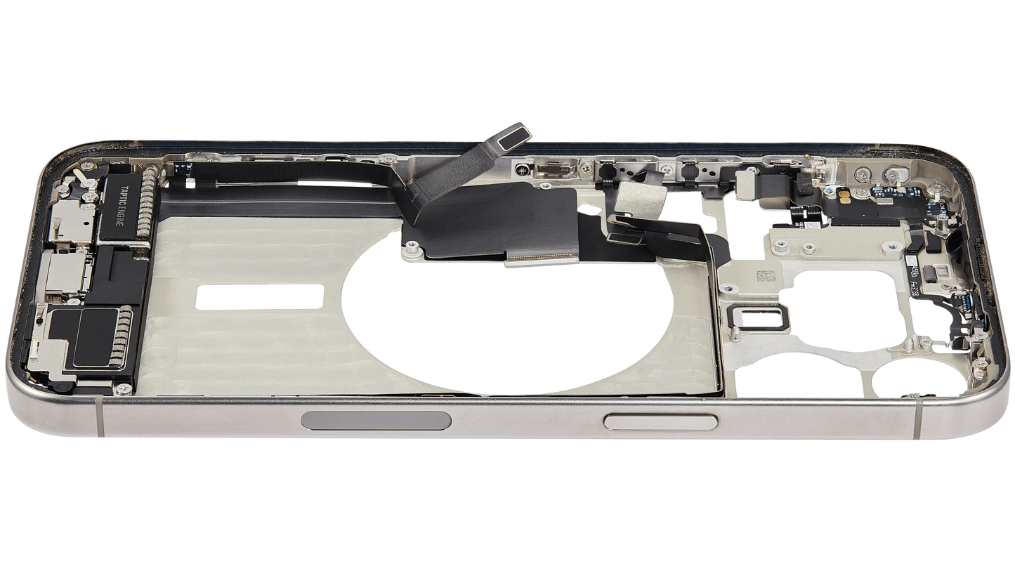 Mid-Frame Housing W/ Charging Port Flex & Small Parts For iPhone 15 Pro Max (US Version) (Used OEM Pull: Grade A) (Natural Titanium)