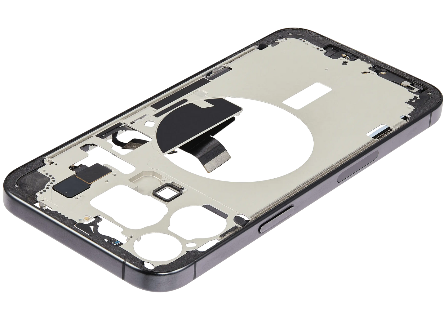 Mid-Frame Housing W/ Charging Port Flex & Small Parts For iPhone 15 Pro Max (US Version) (Used OEM Pull: Grade A) (Black Titanium)