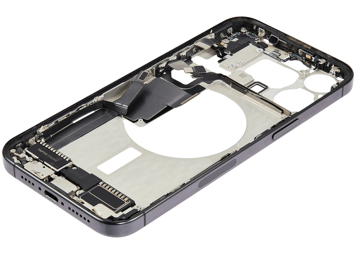 Mid-Frame Housing W/ Charging Port Flex & Small Parts For iPhone 15 Pro Max (US Version) (Used OEM Pull: Grade A) (Black Titanium)