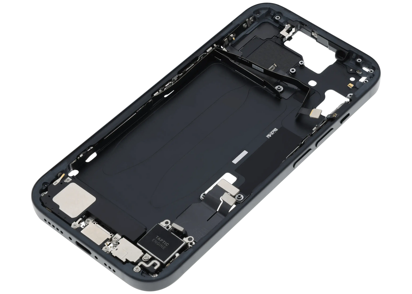 Mid-Frame Housing W/ Charging Port Flex & Small Parts For iPhone 15 (US Version) (Used OEM Pull: Grade B) (Black)