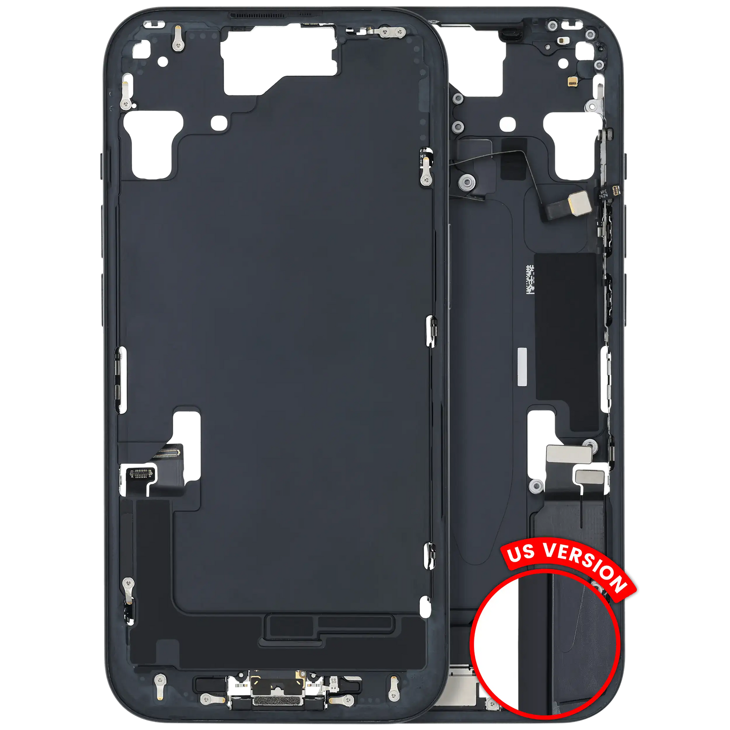 Mid-Frame Housing W/ Charging Port Flex & Small Parts For iPhone 15 (US Version) (Used OEM Pull: Grade A) (Black)